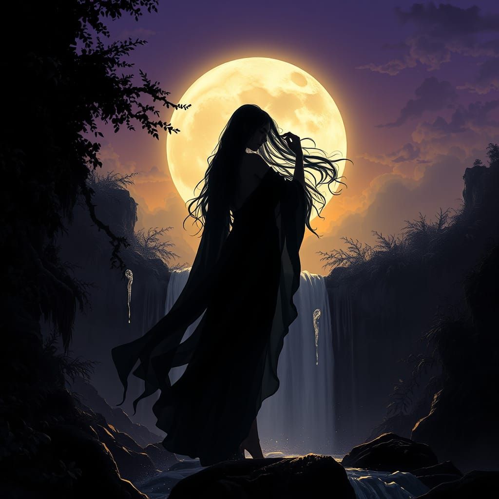 Dark Fantasy Woman Under Moonlit Waterfall