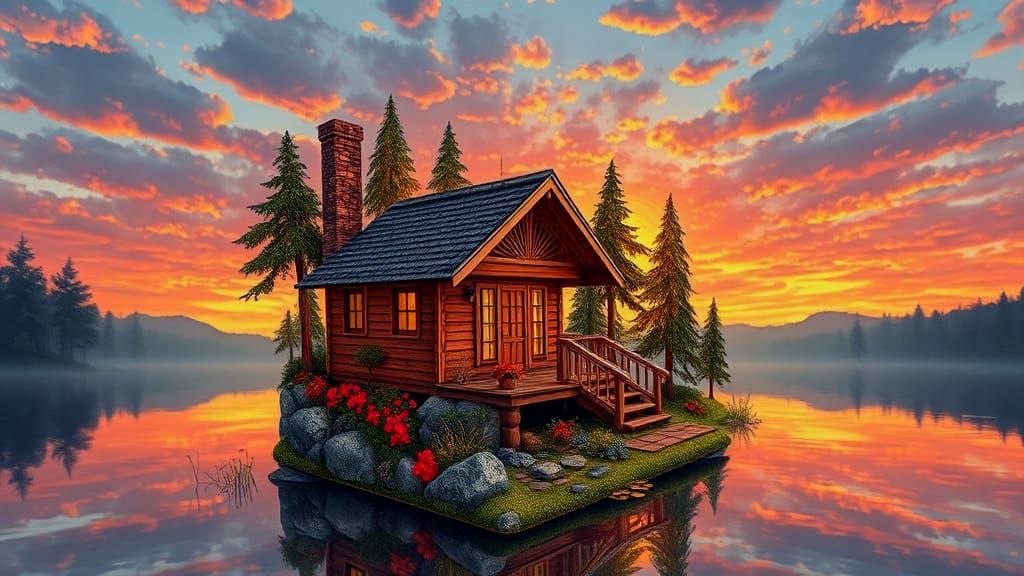 Sunset Pond Cabin in 3D Zentangle Aboriginal Style