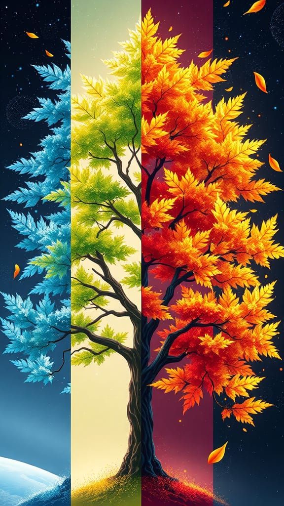 Four Seasons Fantasy Tree in Vibrant Digital Art