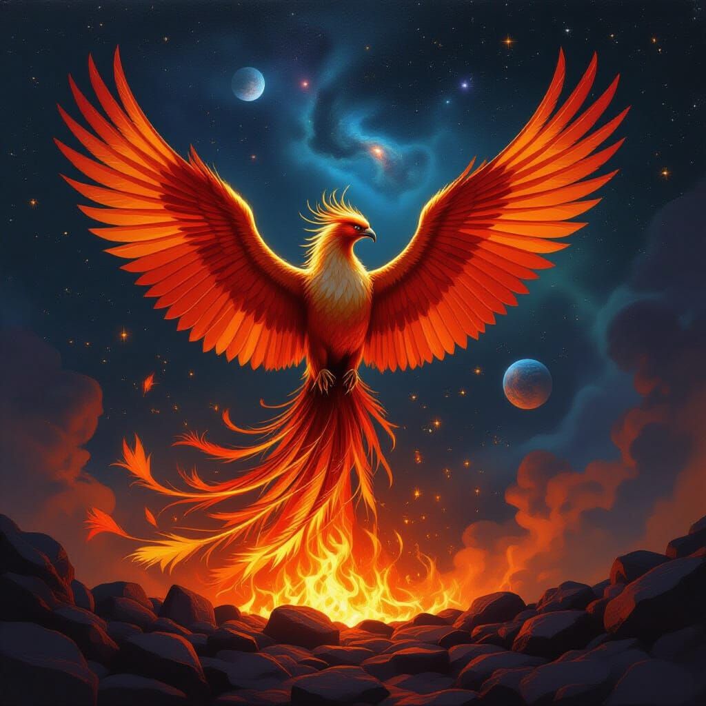Majestic Phoenix Rising from Embers in Cosmic Nebula