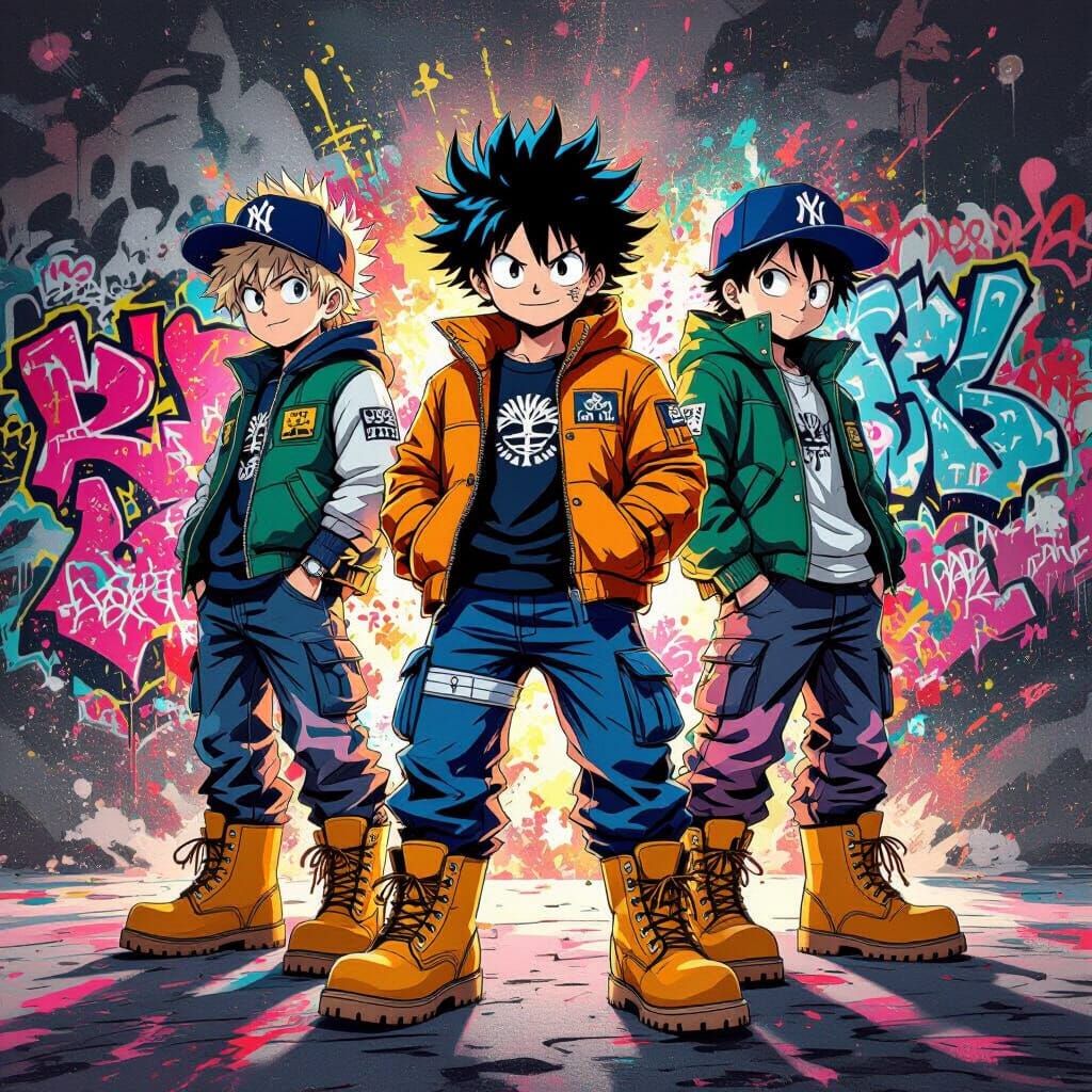 Anime Heroes in Streetwear with Graffiti Background
