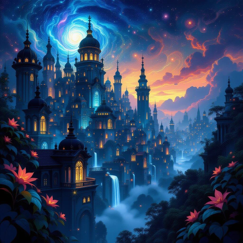 Dreamlike Cosmic Cityscape at Night, Rococo Style