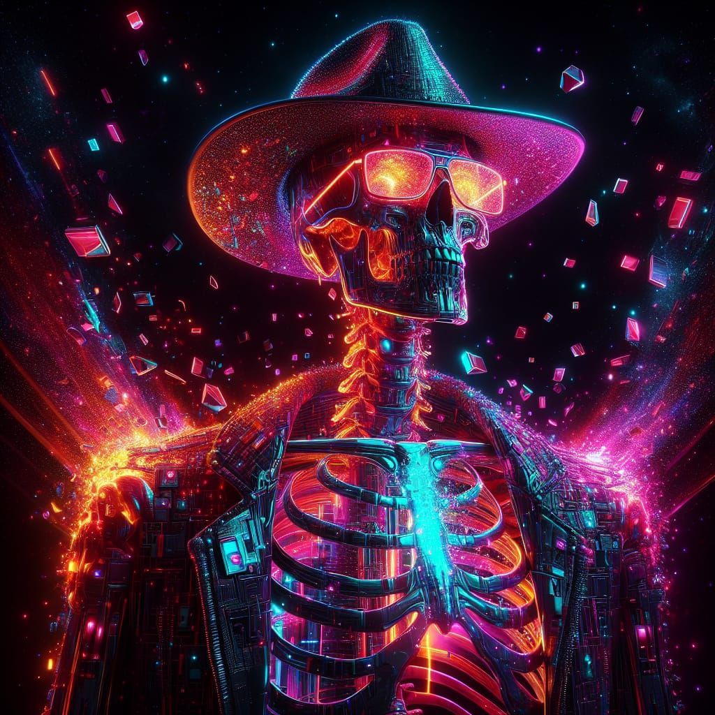 Neon Cyber-Skeleton in Fractured Circuitry Style