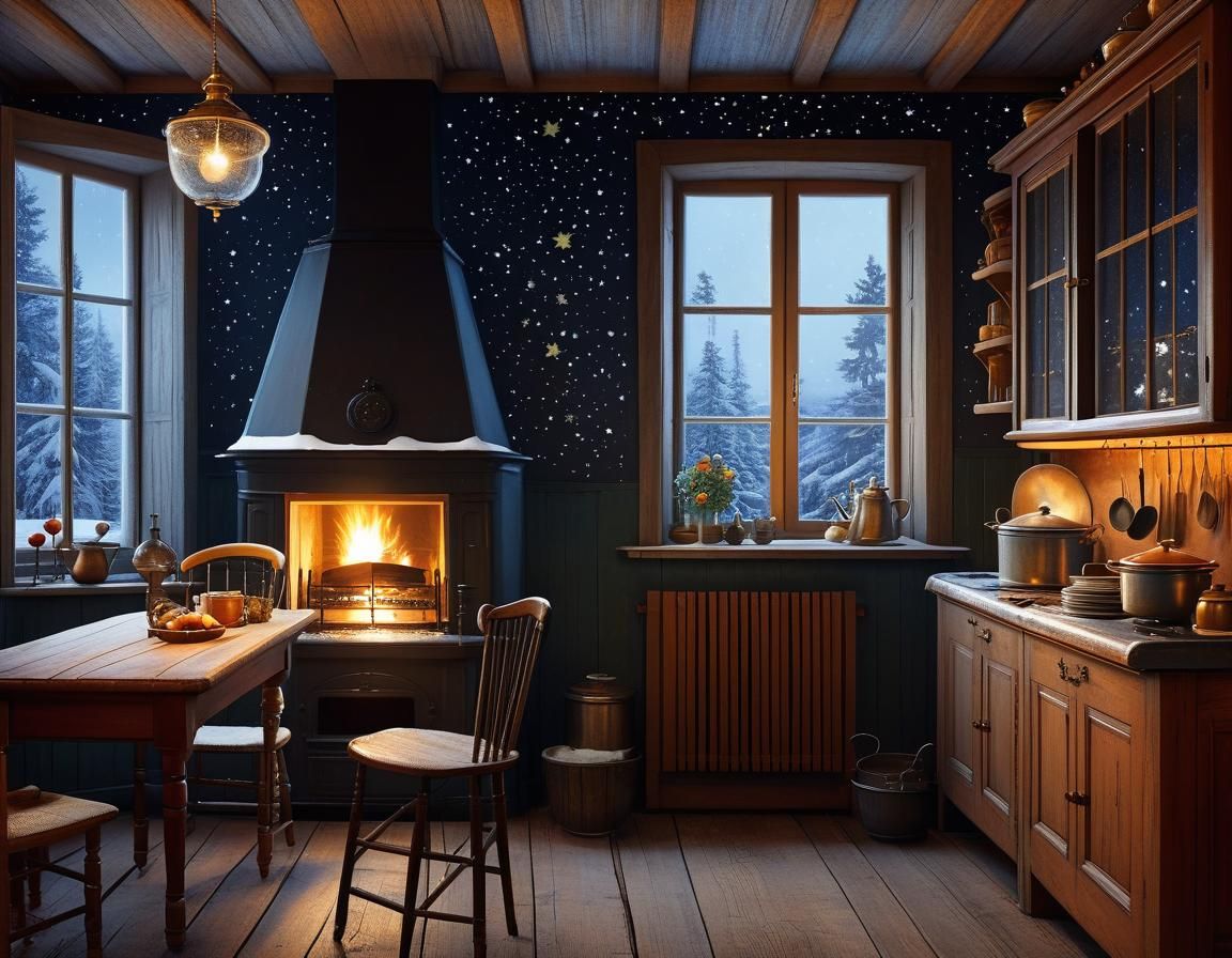 Cozy Kitchen with Starry Night, Detailed Interior