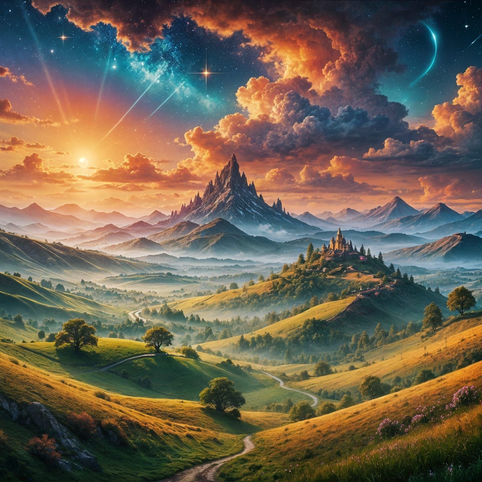 Magical Landscape with Sparkling Stardust Mist