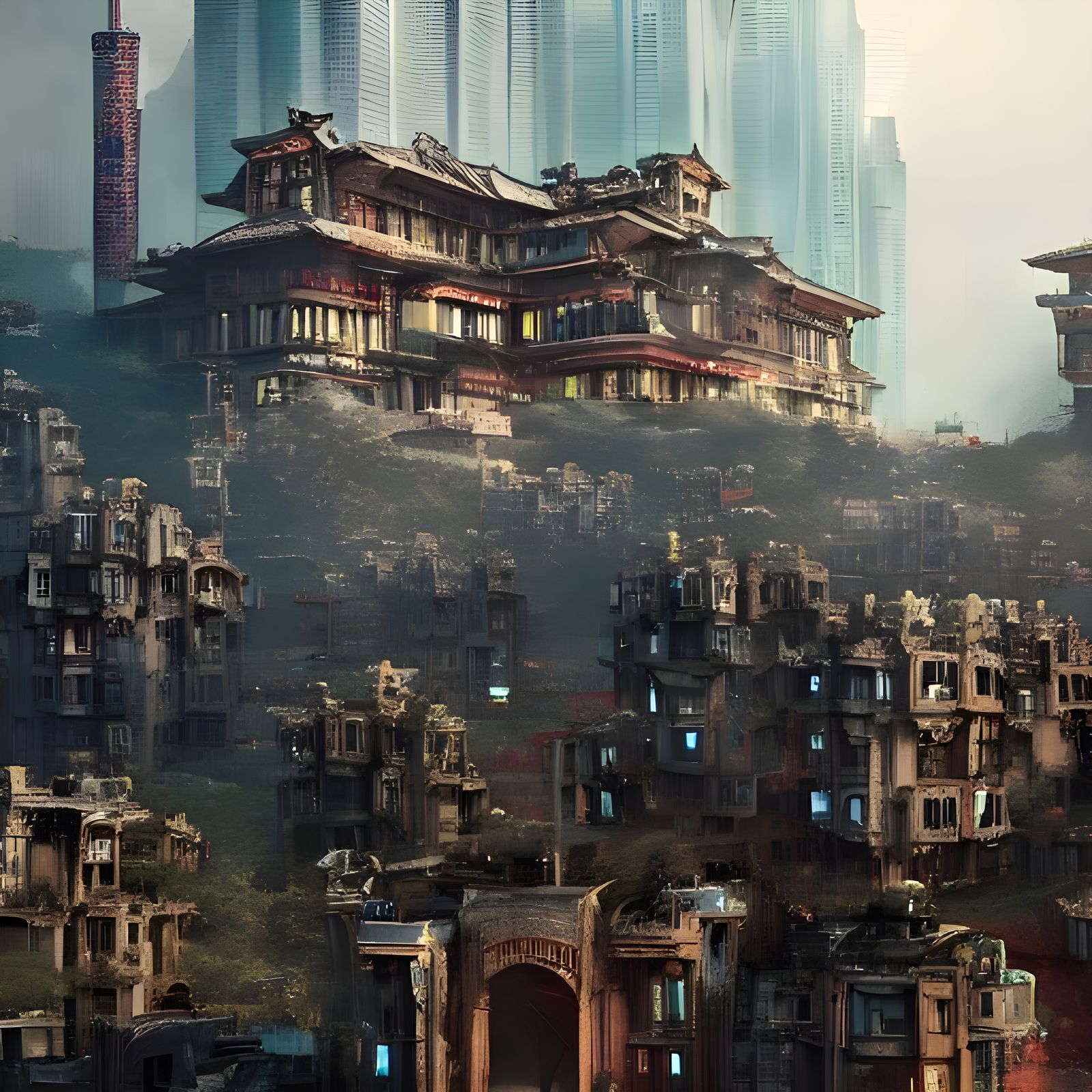 Cyberpunk Fortress Mansion on Hillside Digital Art