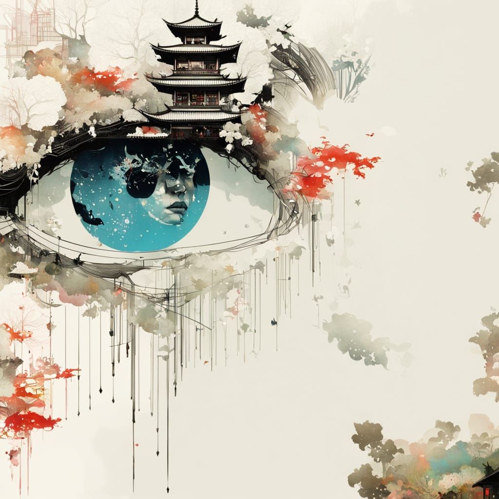 Galaxy Dripping into Japanese Temple Silhouette