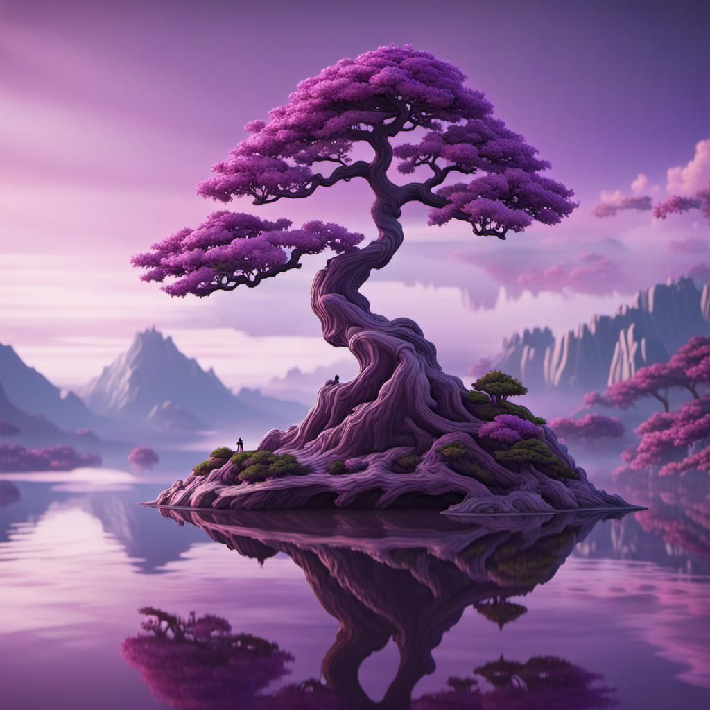Purple Bonsai Tree in Dreamy Lakeside Landscape