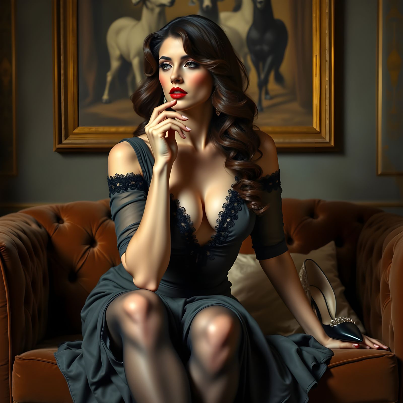 Elegant Woman in Charcoal Dress on Brown Sofa