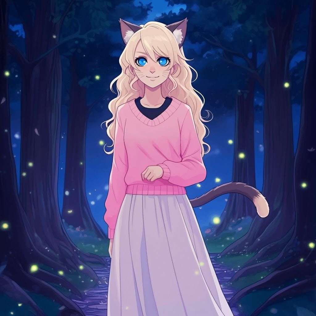 Luna Lovegood as a Whimsical Catgirl in Moonlit Garden