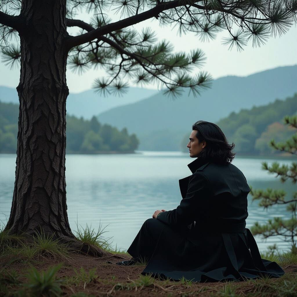 Melancholic Man Overlooking Lake: A Cinematic Portrait