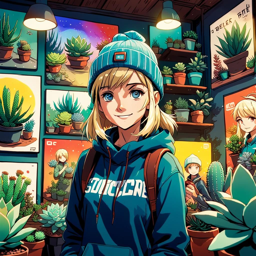 Anime Woman Surrounded by Succulents Video-Gaming at Home