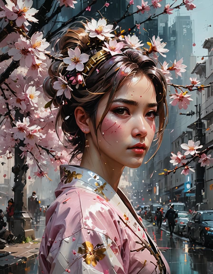 Emotional Cherry Blossom Portrait in Oil Painting Style