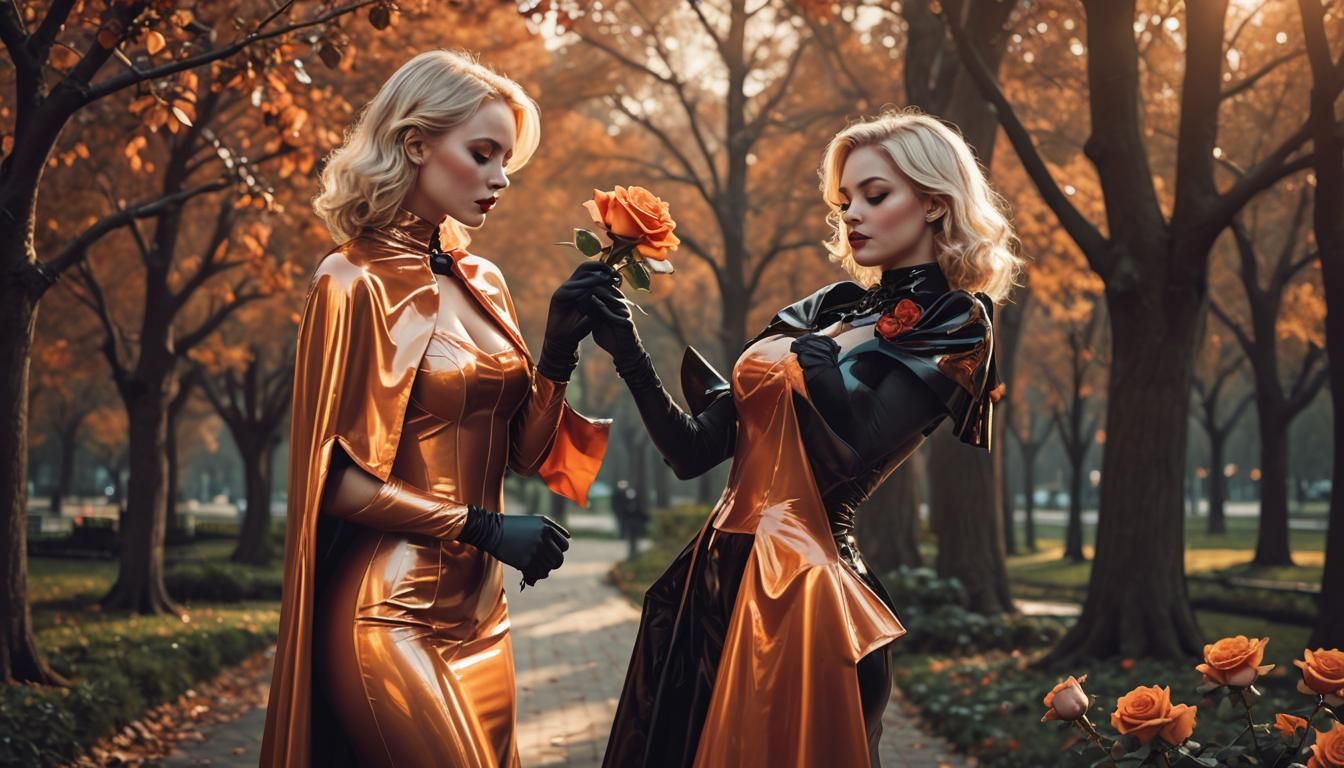 Fantasy Art: Woman in Latex Dress Sniffing Roses