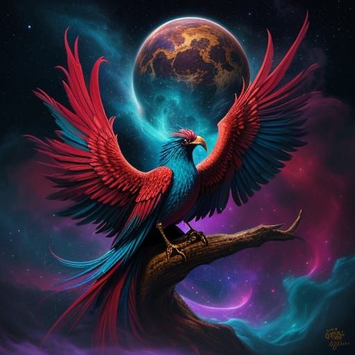 Majestic Feathered Messenger in Cosmic Void