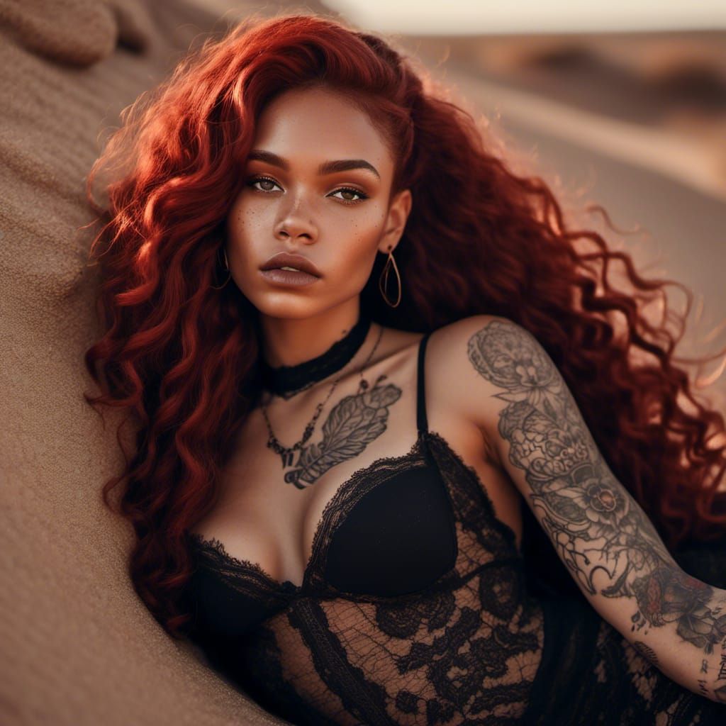 Tattooed Woman in Black Lace in Desert