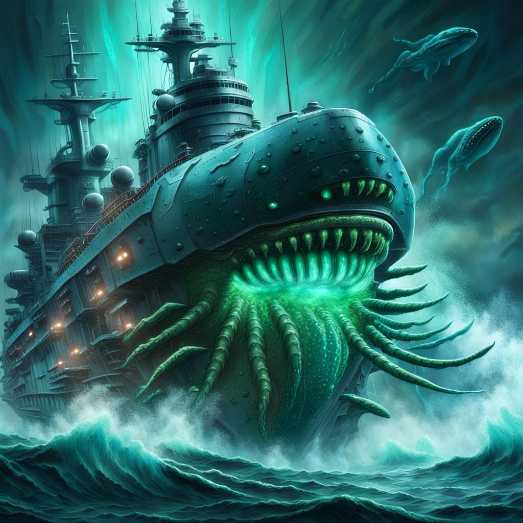Bioluminescent Sea Creature Devours Battleship: Sci-Fi Art