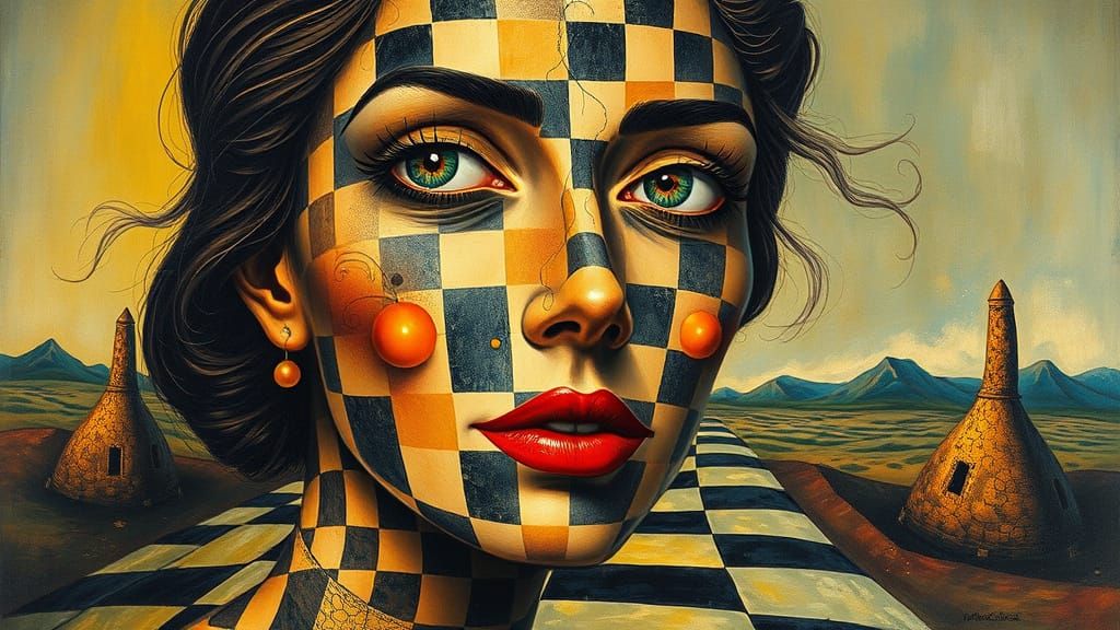 Surrealist Woman in Optical Checkerboard Pattern, Inspired b...