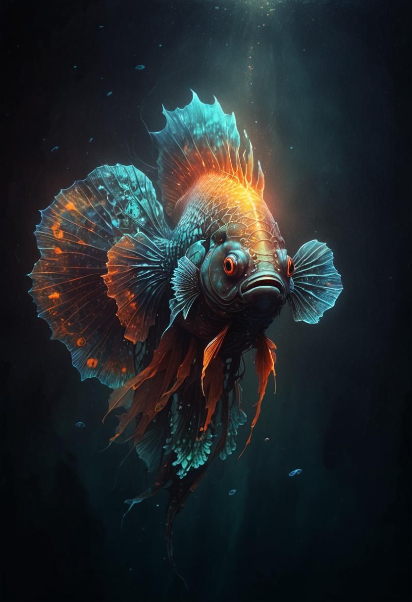 Eldritch Fish in Bioluminescent Underwater World