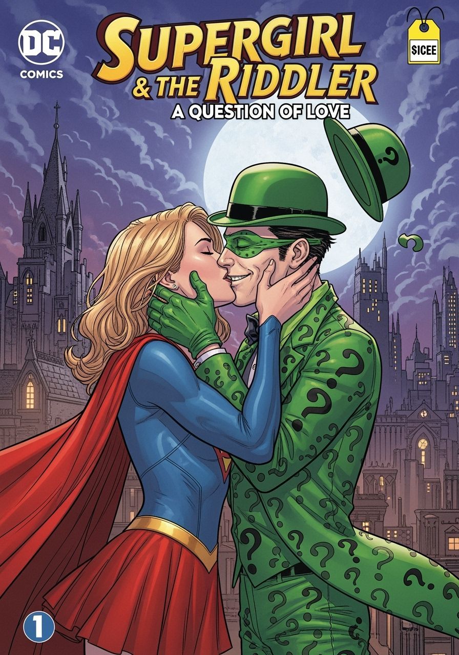 Supergirl and Riddler's Kiss: Comic Book Cover Art