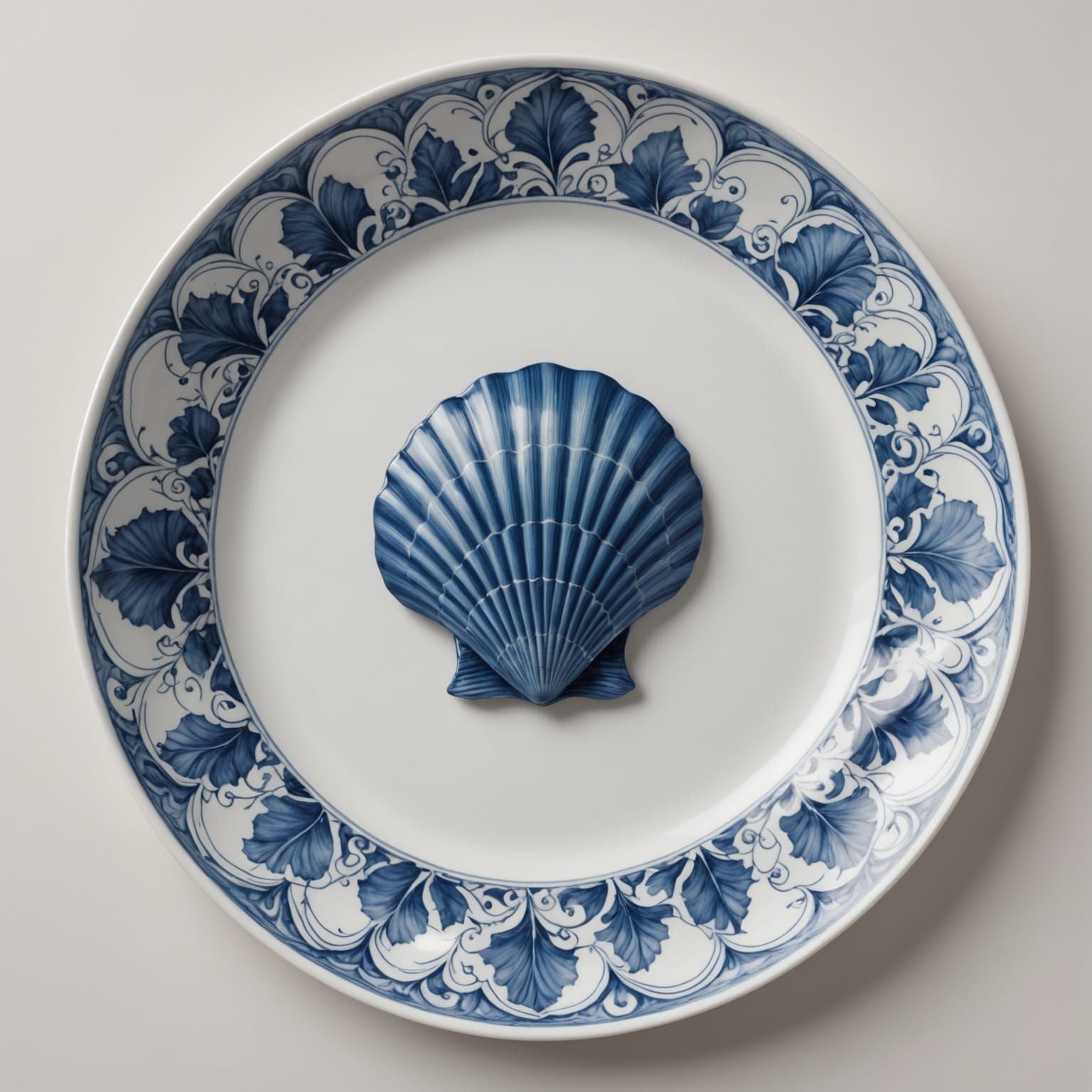 Blue Shell Pattern on a White Porcelain Platter
