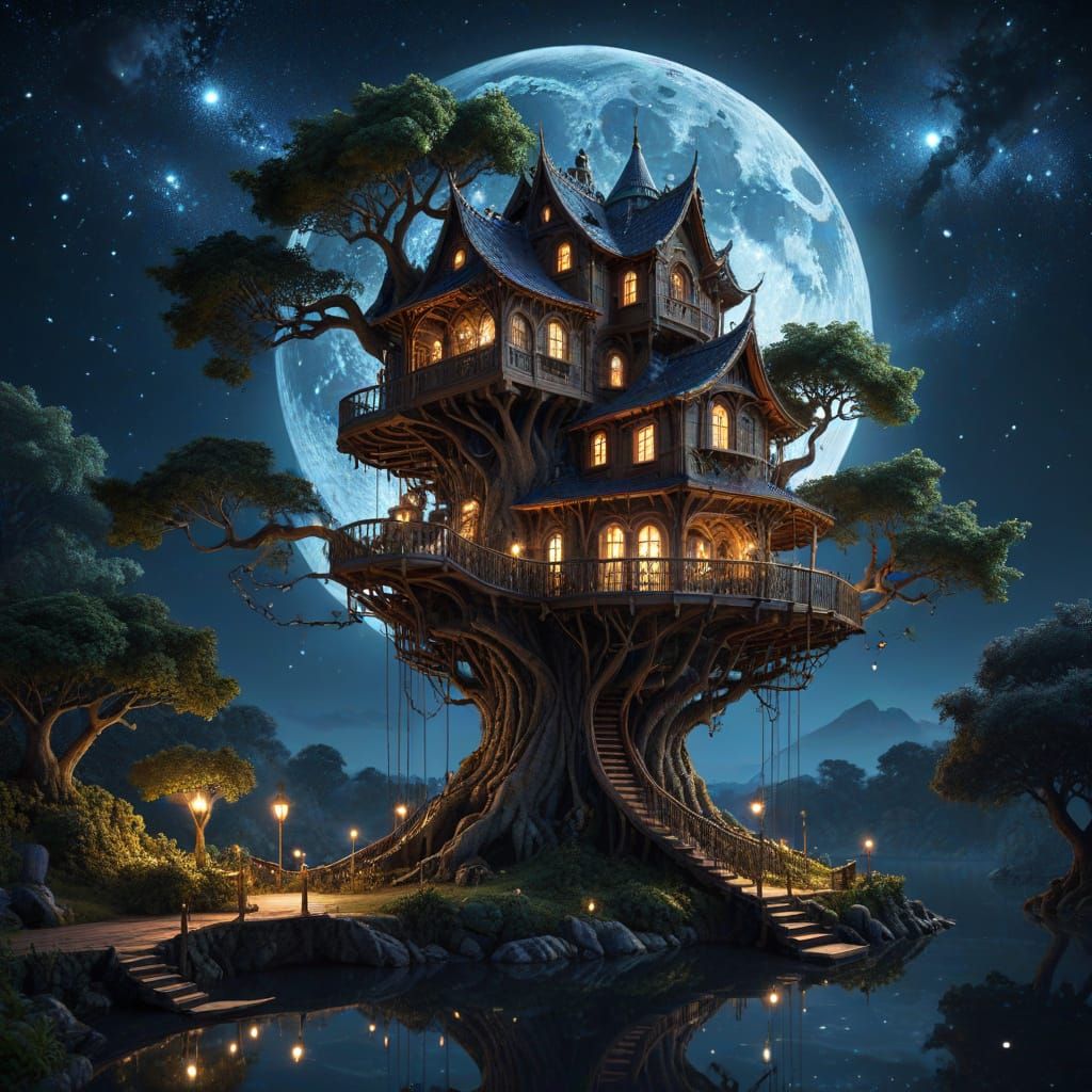 Esoteric Treehouse Under Moonlit Night Sky