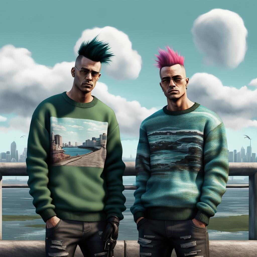 Friends on Seawall in Punk Glitch Style