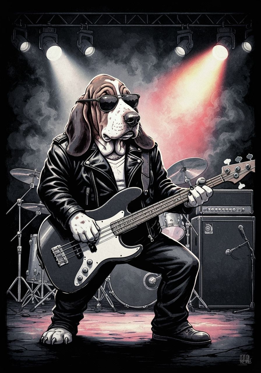 Cool Basset Hound Rocks Electric Bass on Smoky Stage