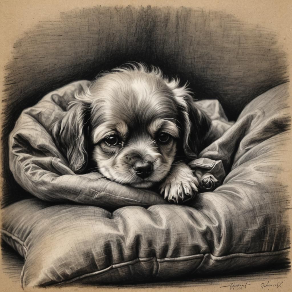 Small Dog Sleeping: Hyperdetailed Charcoal Drawing