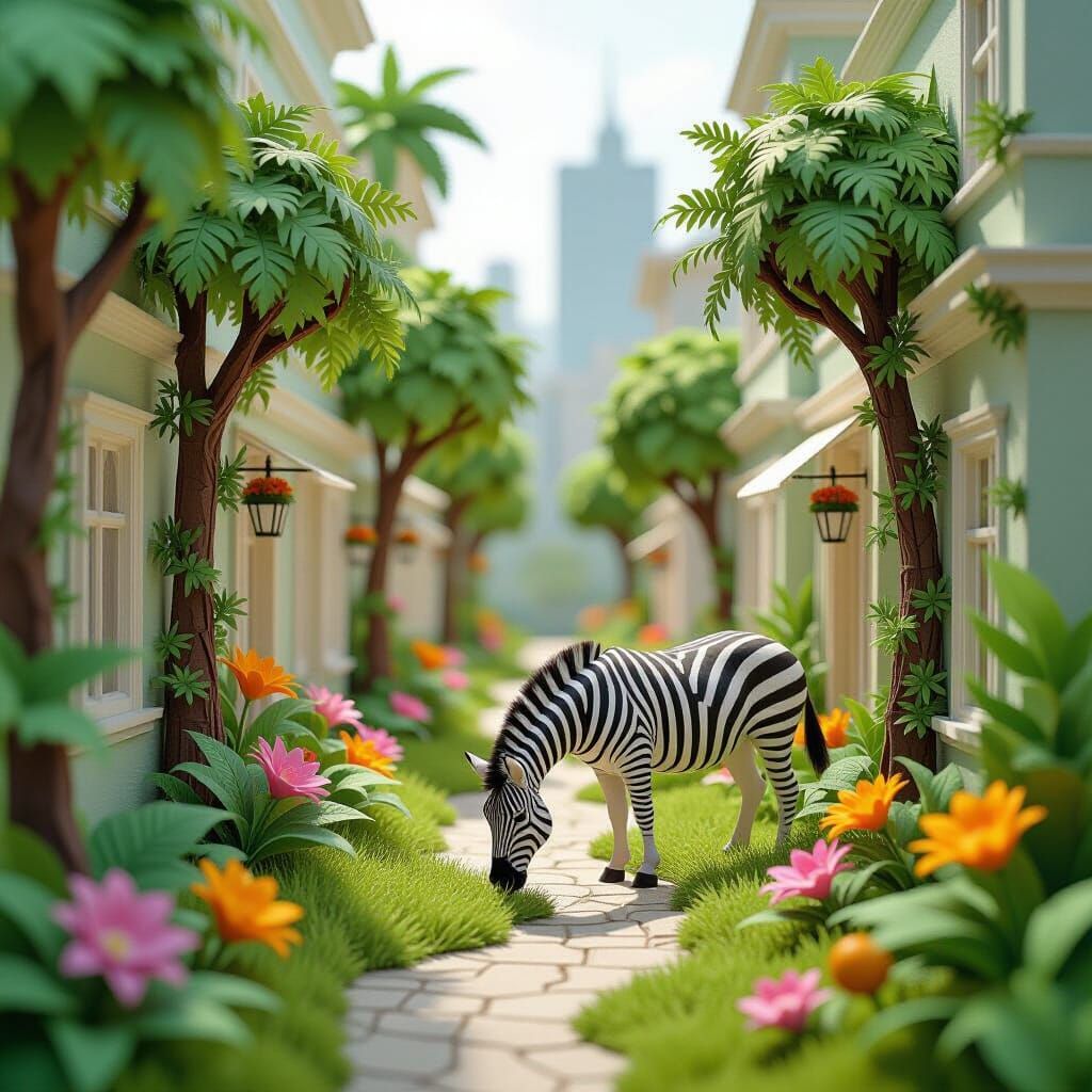 Zebra in Overgrown Cityscape, Origami Papercraft Style