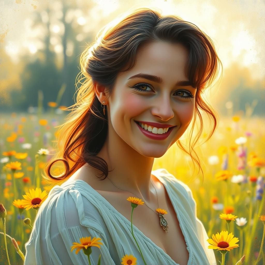 Serene Woman in Meadow: An Impressionist Painting