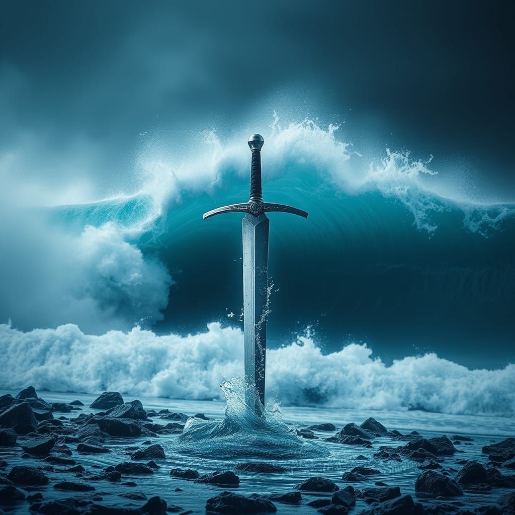 Epic Water Sword Emerges from Ground as Wave Destroys City