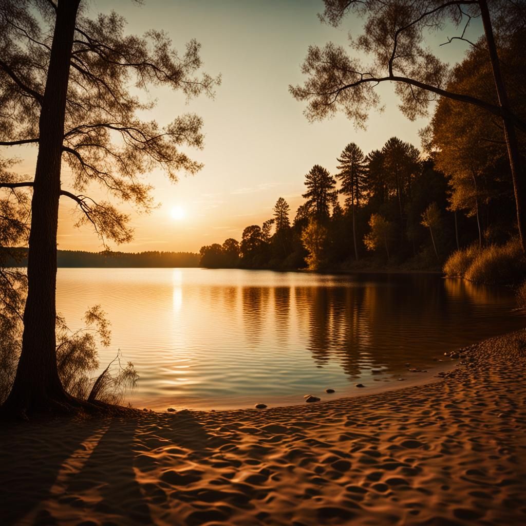 Serene Lake Beach at Sunset in Cinematic Style