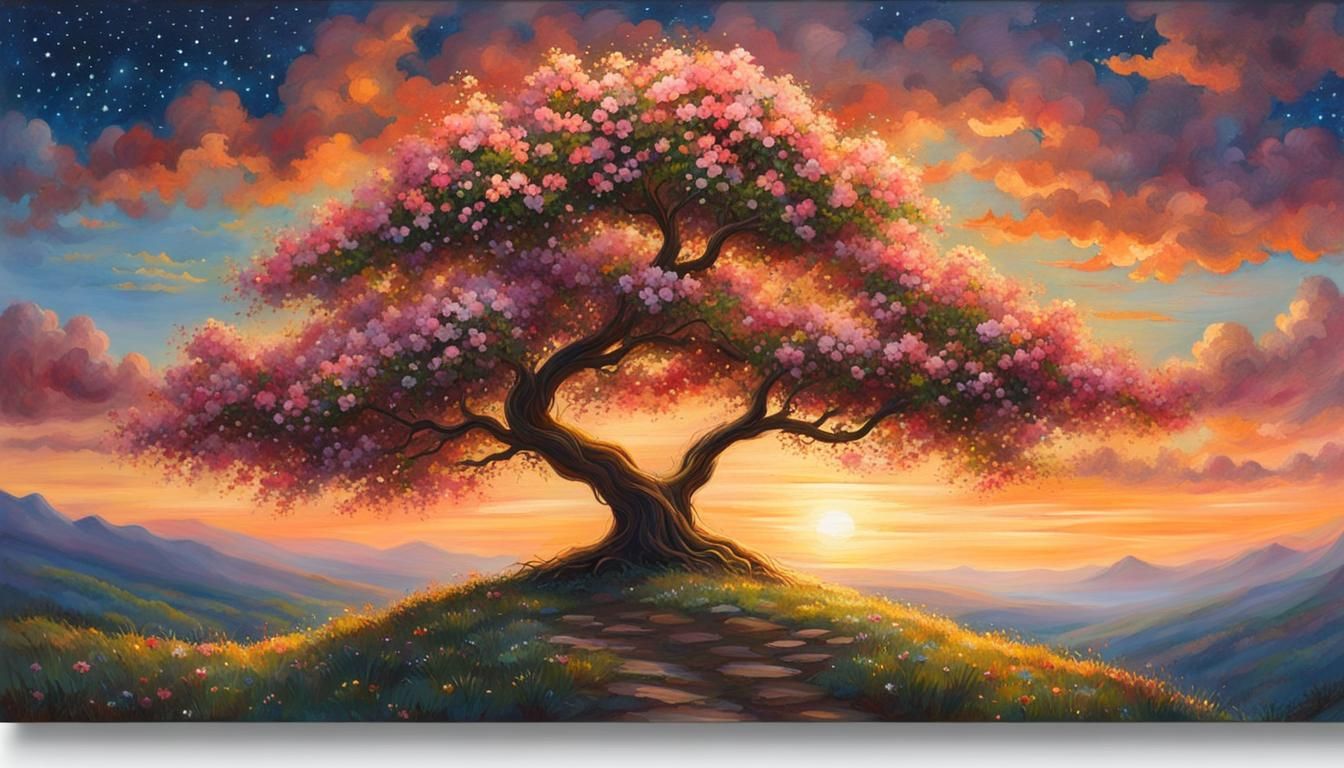 Ornate Flower Tree Sunset Painting