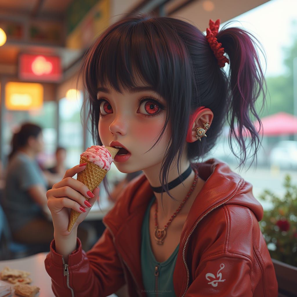 Punk Girl Eating Ice Cream in Photorealistic Style