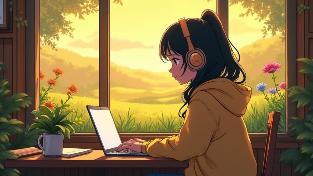 Anime Girl in Cafe, Ghibli-Inspired Scenery