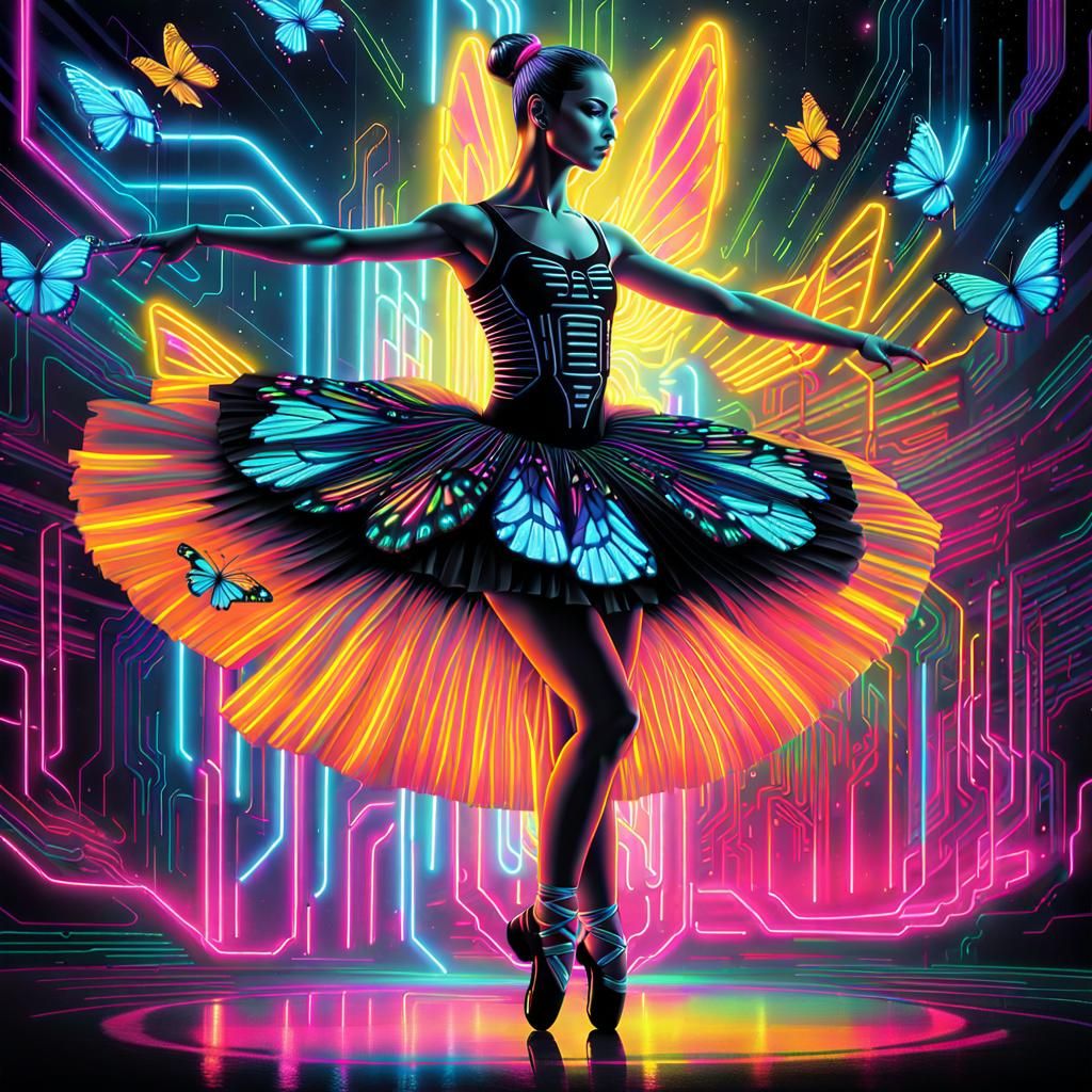 Neon Android Ballerina with Butterfly Tutu in Synthwave Styl...