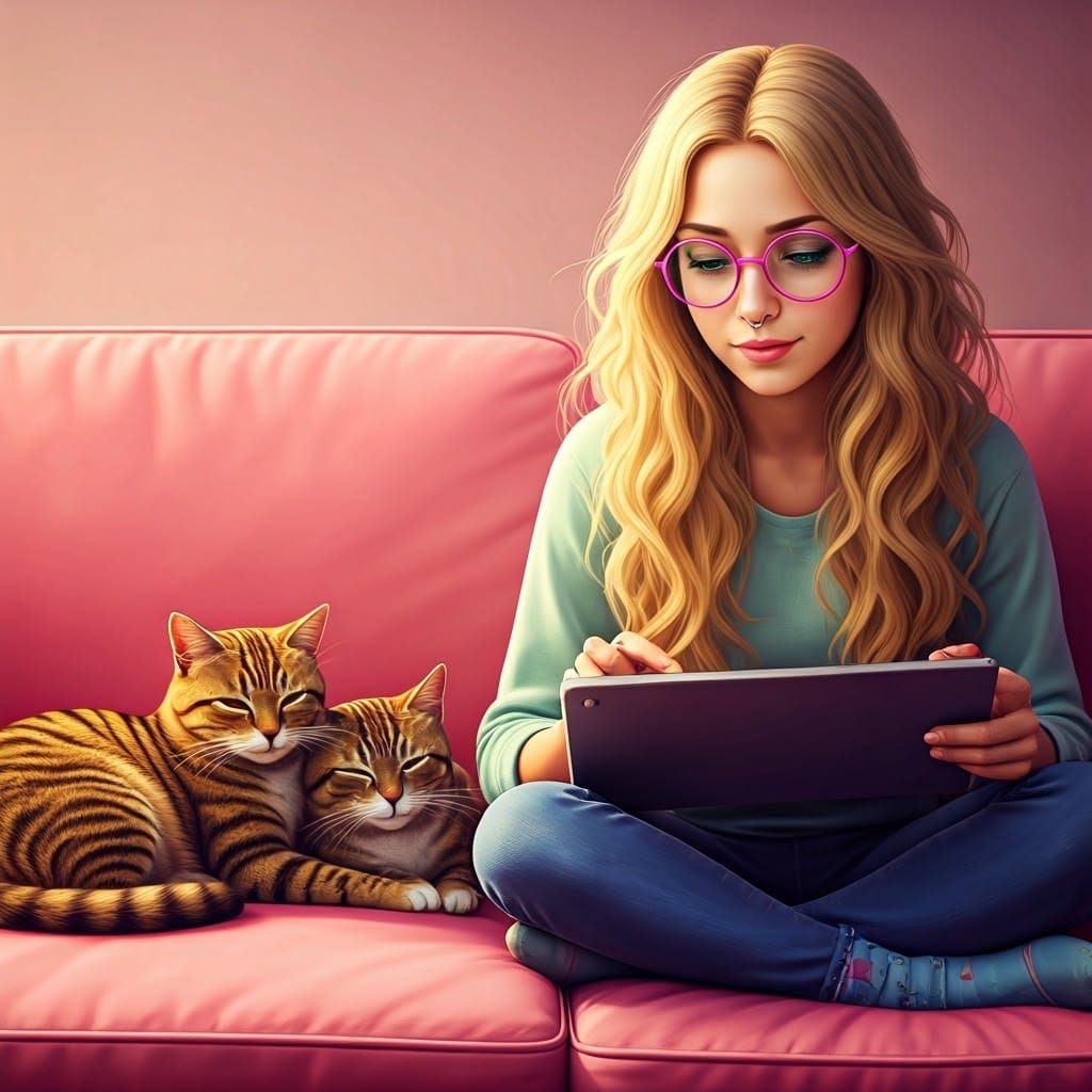 Woman Reading on Pink Couch in Pixar Style