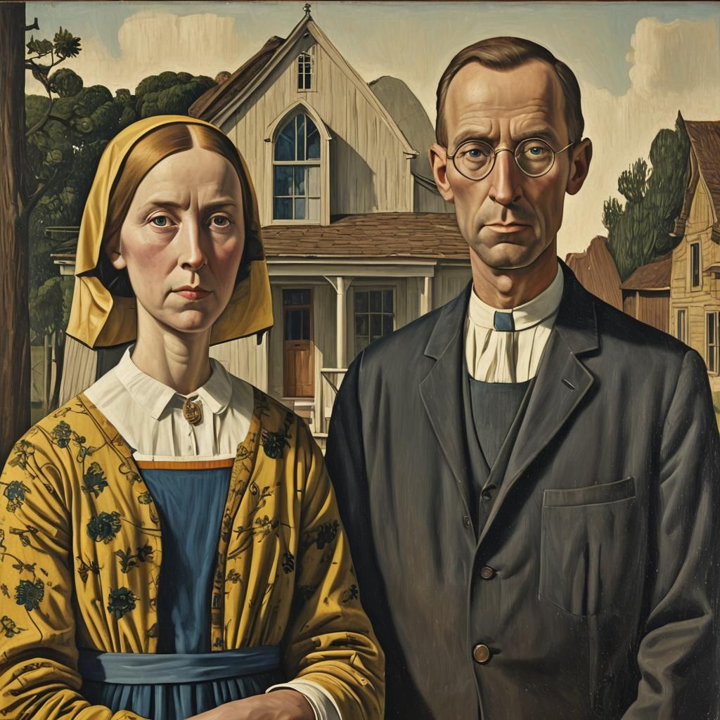 American Gothic in Vermeer Style, Oil Painting