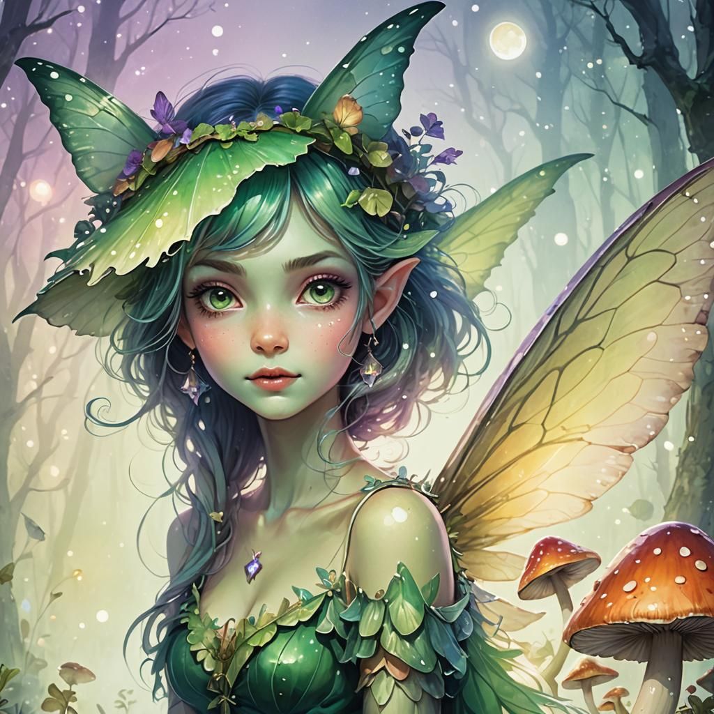 Mischievous Green Fairy in Moonlit Forest