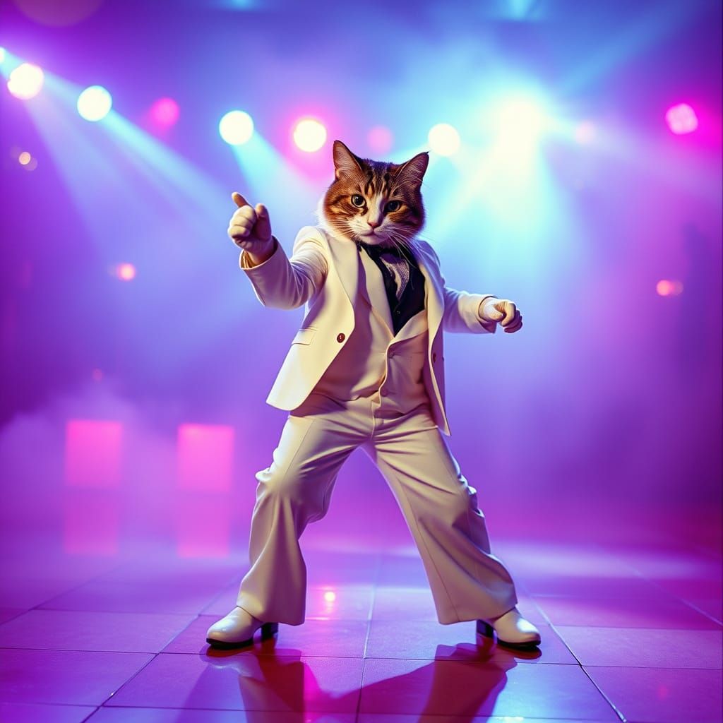 Sultry Disco Cat Channels 1970s Cinema in Iconic White Suit