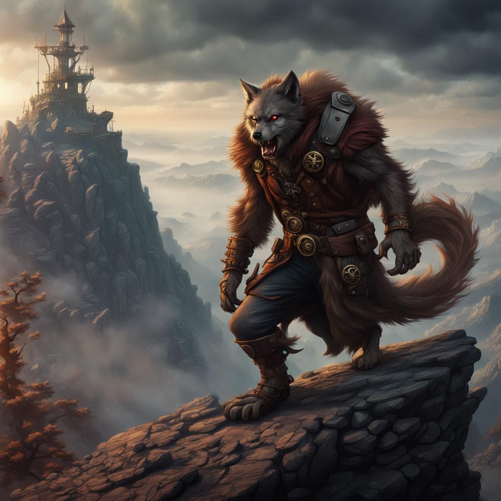 Steampunk Werewolf Mountain Climb: Detailed Matte Painting