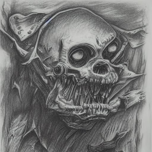 Eerie Monsters in Dark Cave as Detailed Pencil Sketch