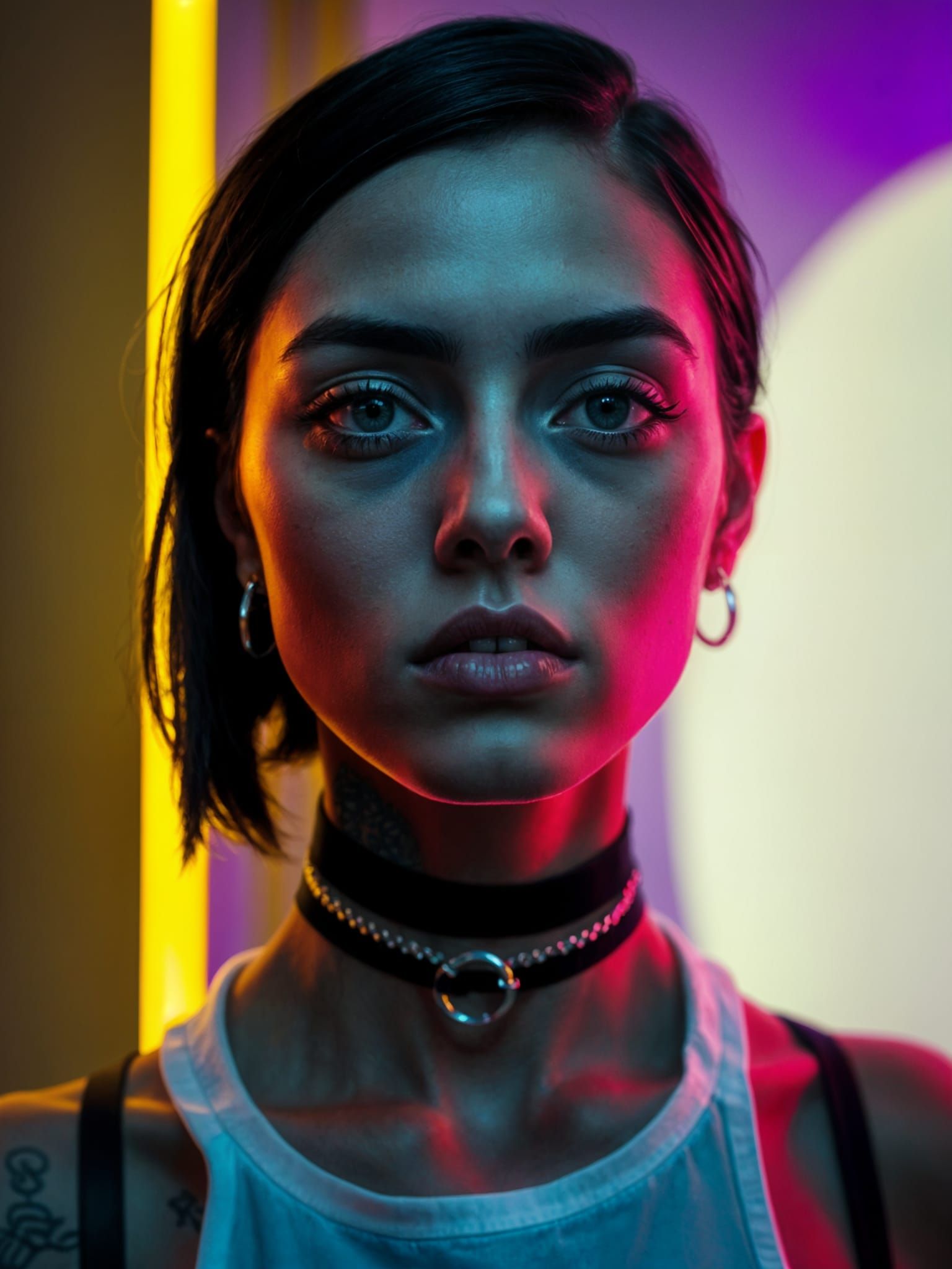 Neon Portrait of Woman with Tattoos