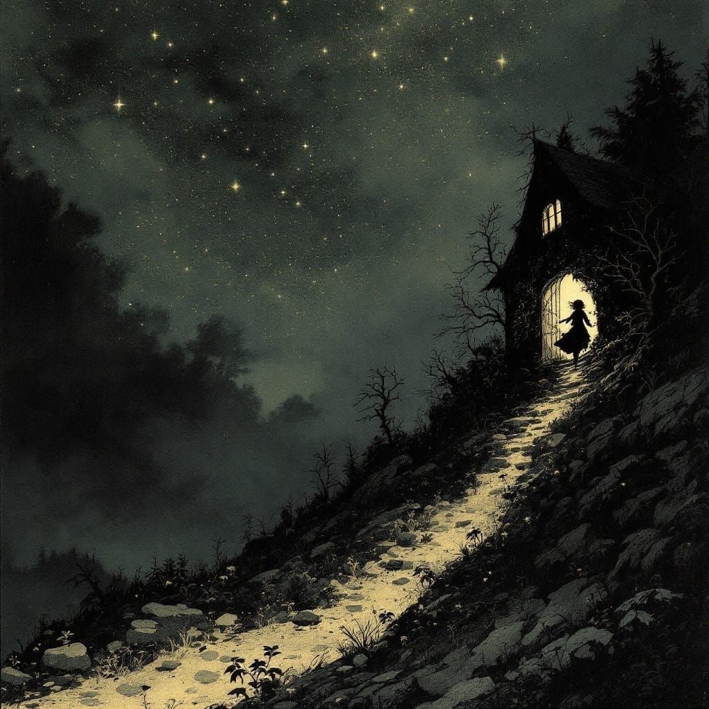 Girl Running from House Under Starry Night Sky