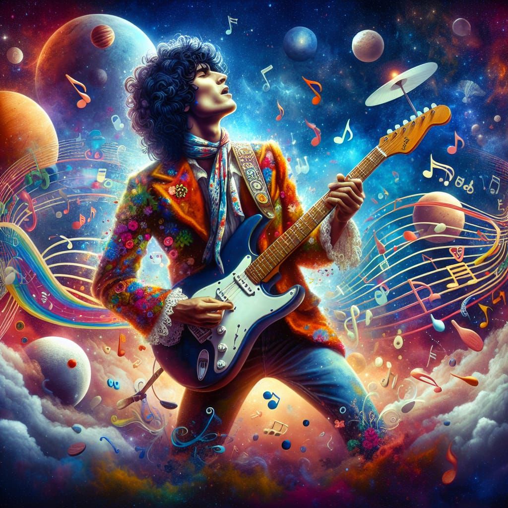 Retro Rock Guitarist in Psychedelic Scene