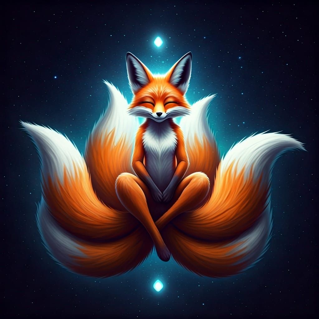 Levitating Nine-Tailed Fox in Serene Dreamscape
