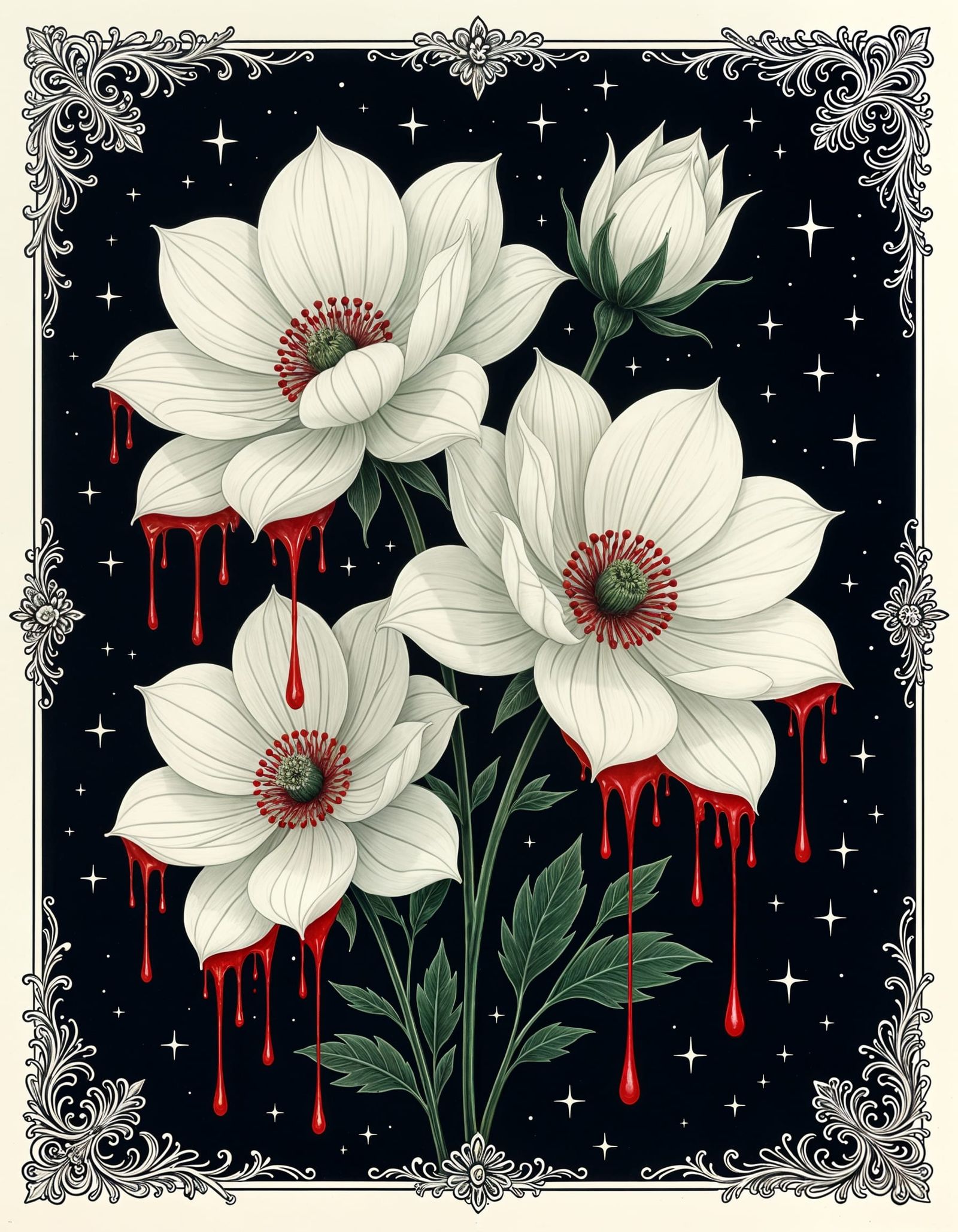 White Flowers Dripping Blood: A Macabre Still Life