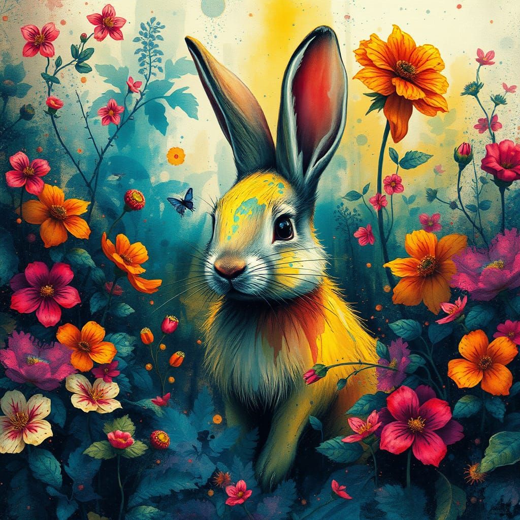 Whimsical Rabbit in Dreamscape Ink Splatter Art