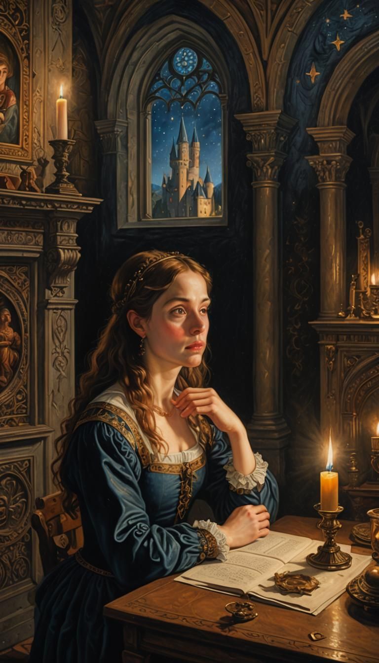Renaissance Oil Painting: Woman Contemplates Universe